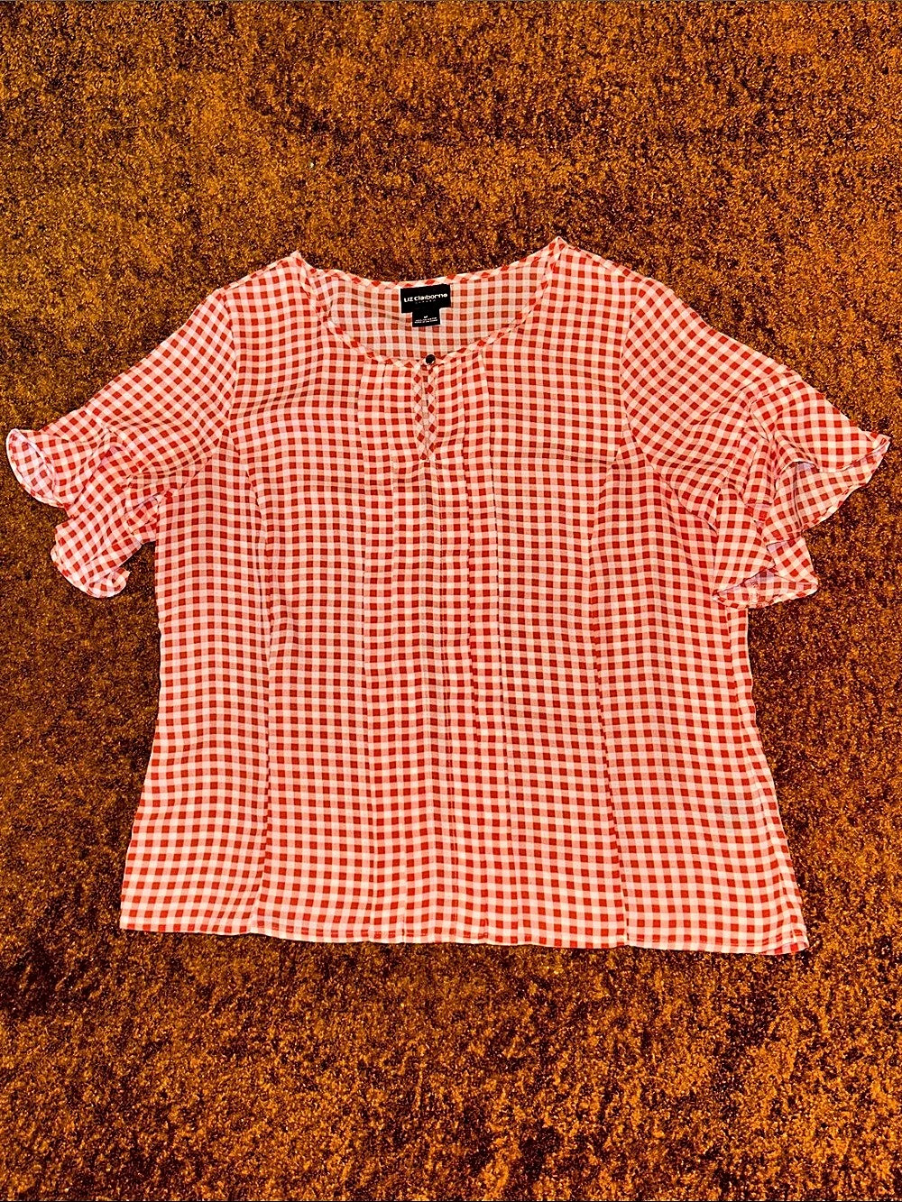 Liz Claiborne Gingham Ruffle Sleeve Blouse in Red & White Size Medium